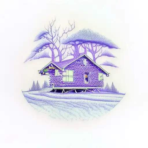 Cabin With Tree Line Moving Up To Space With Purple And Blue Coloring