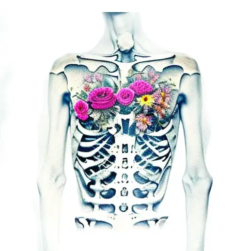 Skeleton Torso With Flowers Aroundthe Torso And On The Side Of It