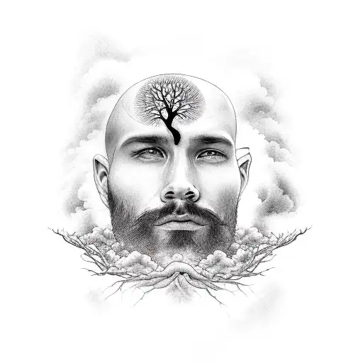 Man With Head In Clouds And Rooted Like A Tree