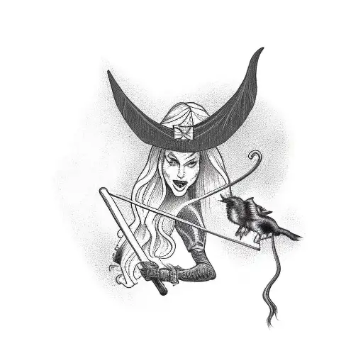 A Silhouette Of A Witch Riding A Broomstick With Her Familiar By Her Side