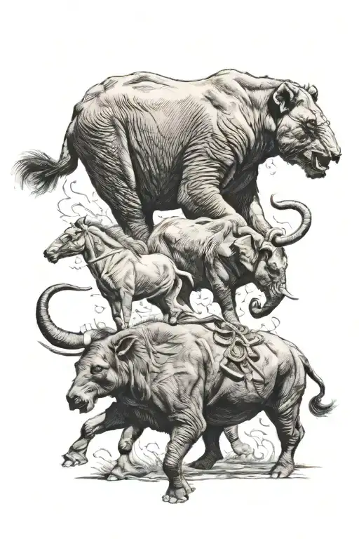 A Bear Standing And Elephant Charging And A Horse Galloping