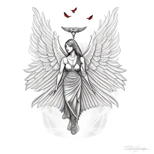 A Sketch-style Design Featuring A Guardian Angel Female Holding A Red Cardinal In Her Hands