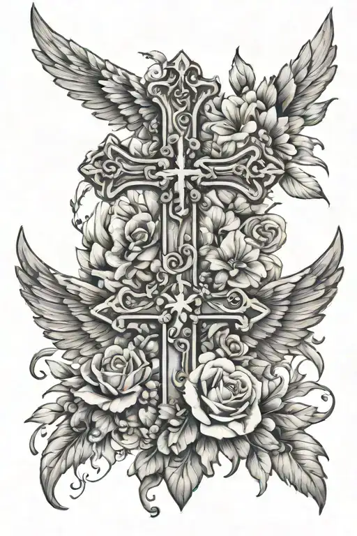 Beautiful Christian Cross With Wings And Flowers