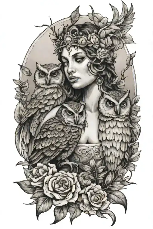 Greek Goddess Nyx With Shading And An Owl