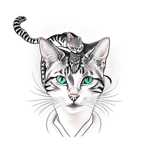 A Traditional Tattoo Of A Cat Knitting With Snake-like Yarn