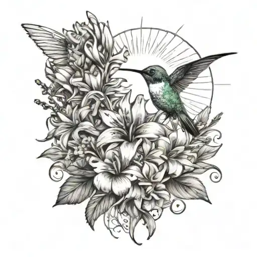 A Hummingbird Feeding On A Bouquet Of Flowers With A Heart-shaped Sun In The Background