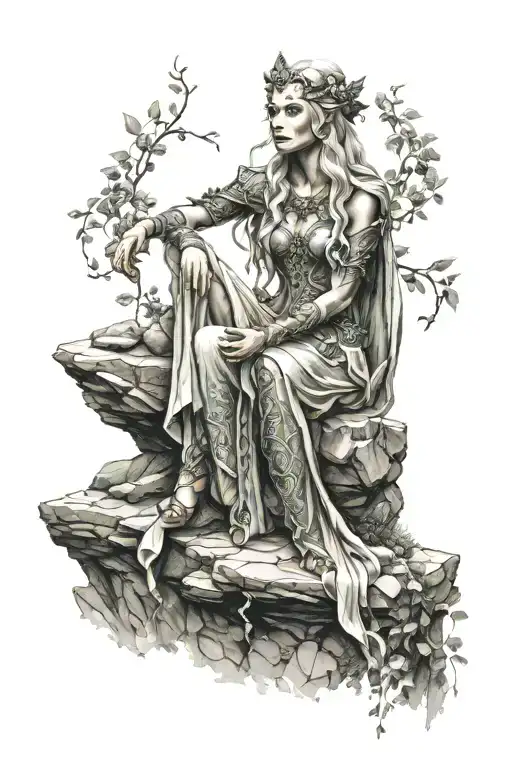 Hyper Realistic Elven Goddess Sitting On Stone Wall