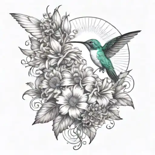 A Hummingbird Feeding On A Bouquet Of Flowers With A Heart-shaped Sun In The Background