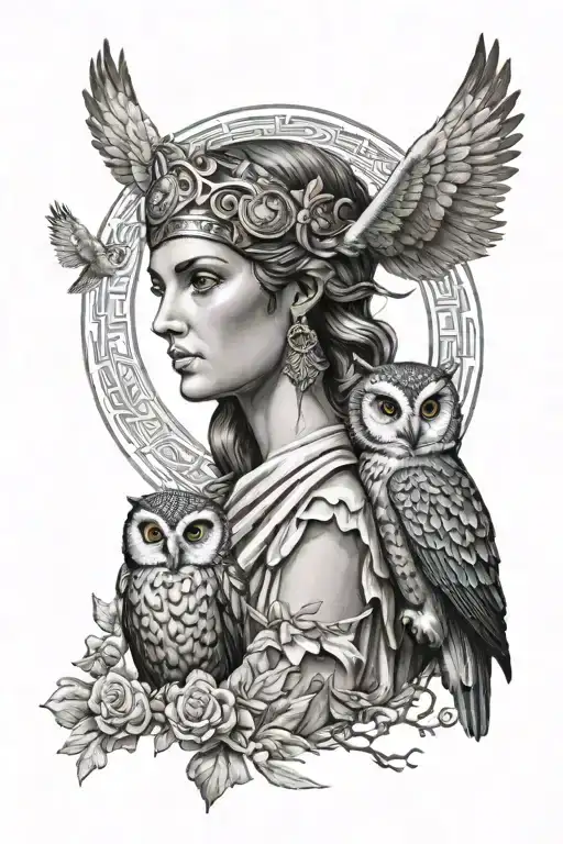 Greek Goddess Athena With Her Owl Glaucus Who Has Glowing Eyes