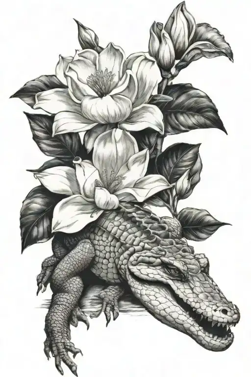 Magnolias And Alligator Black And White