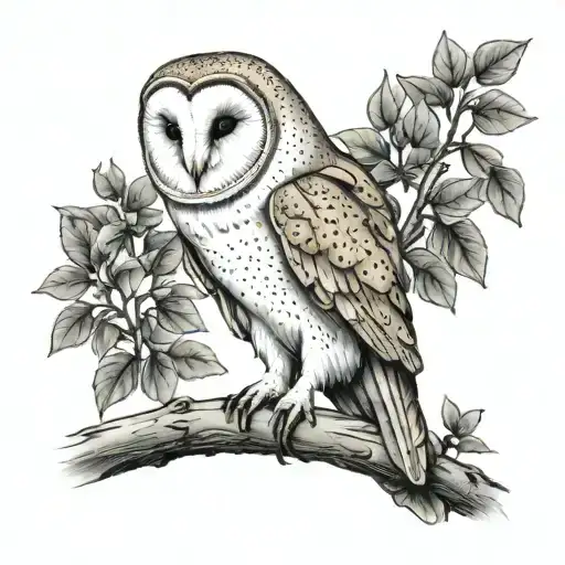 Full Bodied Barn Owl Sitting On A Tree Branch