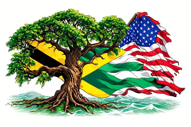Tree Of Life Jamaican Flag And American Flag Intertwined