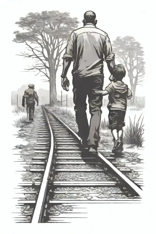 Silhouette Of Father And Young Son Walking On Railroad Holding Hands