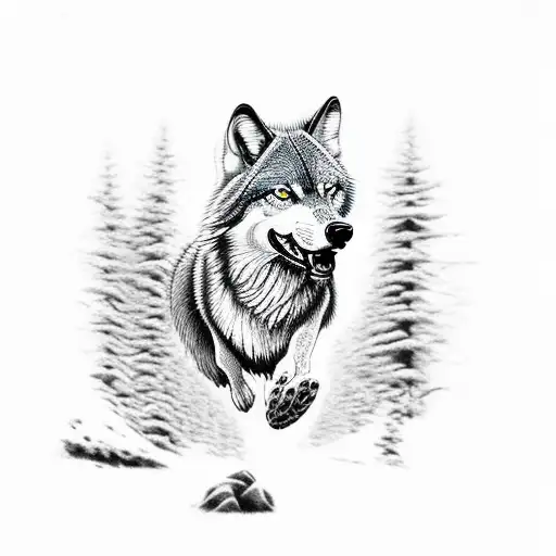 An Intricately Detailed Dotwork Tattoo Of A Wolf Gracefully Leaping Through The Trees