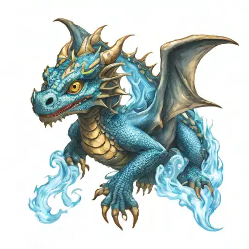 Baby Dragon Coming Out Of Blue Fire