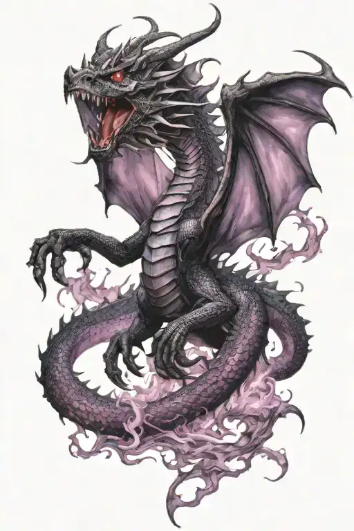 Black Dragon Rising From Purple Fire With Its Wings Spread Wide