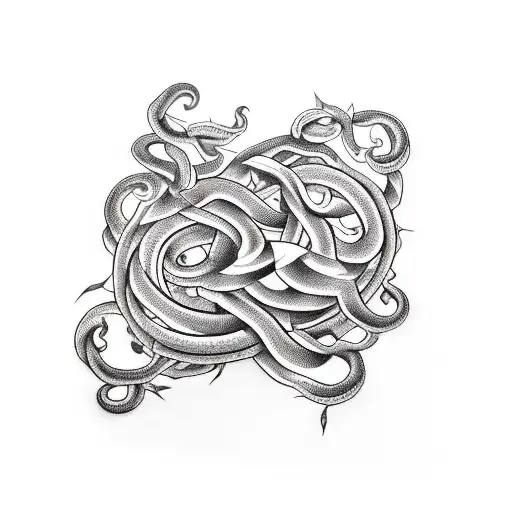 A Blackwork Tattoo Of A Snake Intertwined With Vines And Musical Instruments