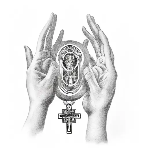 Praying Hands And Rosary Inside Broken Glass