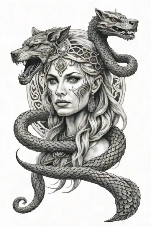 Norse Godess Hell With The World Snake And Fenris Wolf