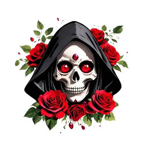 Santisima Muerte Skull With Ruby Eyes In A Hooded Cloak And Red Roses Surrounding Her