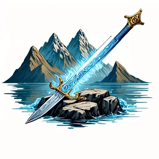 Sword Being Pulled Out Of The Stone Surrounded By Mountain Ranges