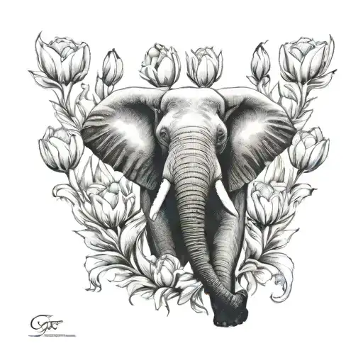 Elephant And Tulips Surrounding