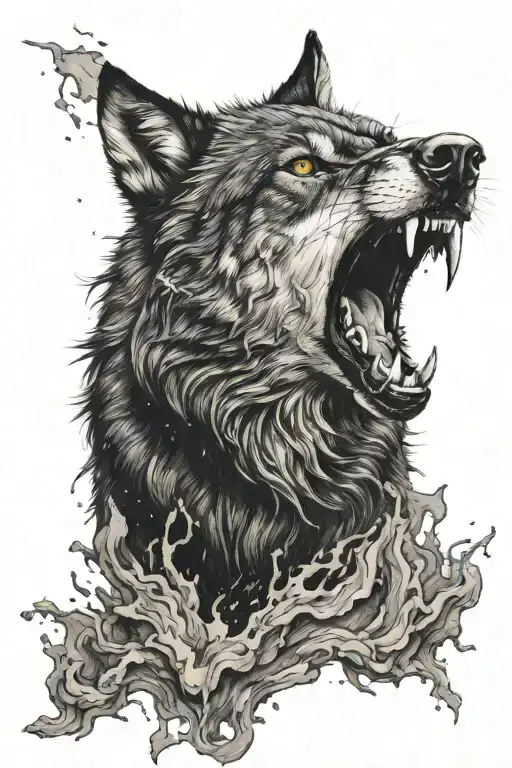 Black Ferocious Wolf Standing On The Ashes