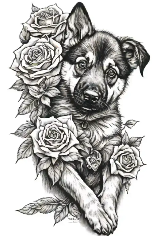 Full Sleeve With Roses And A German Shepherd Husky Mix Puppy