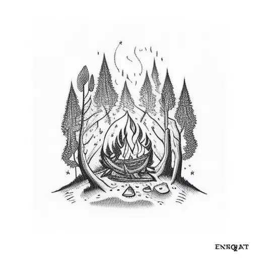 Forest With A Campfire In The Night With A Deer Skull