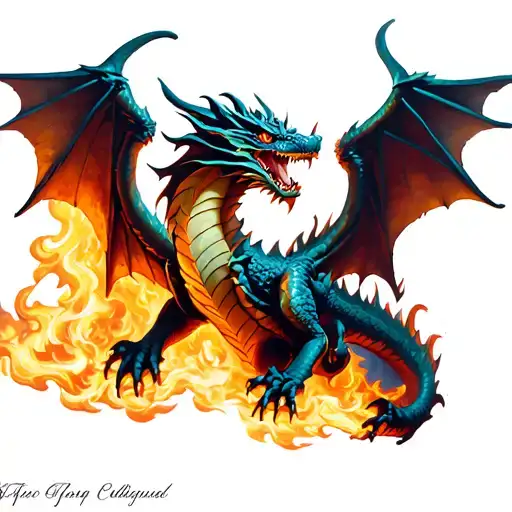Dragon Flying In Fire With Wings