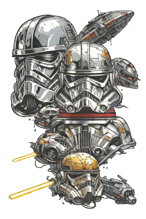 Broken Star Wars Helmets With A Light Saber Stuck In The Middle