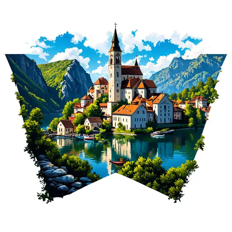 Lake Of Covadonga Spain With Te Mountain En Church Triangel