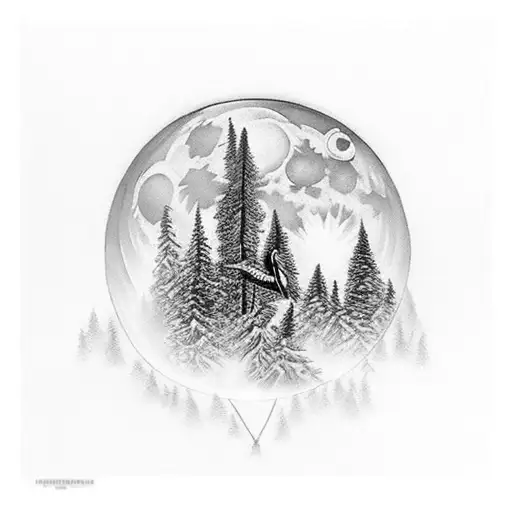 Forest With Full Moon And Birds