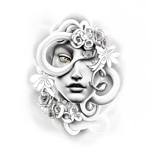 Pretty Medusa With Flowers Around Her