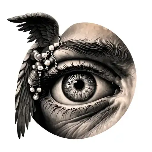 Angels And An Eye Of A Person With Rosary Beads
