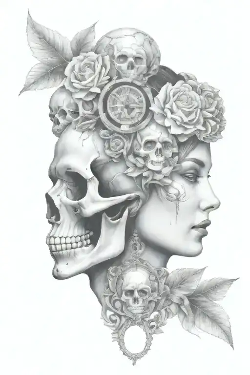 Janus Head Profile Skull And Lady With Hourglass Necklace