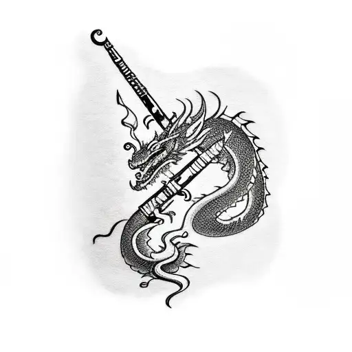 A Blackwork Tattoo Of A Dragon Playing A Flute