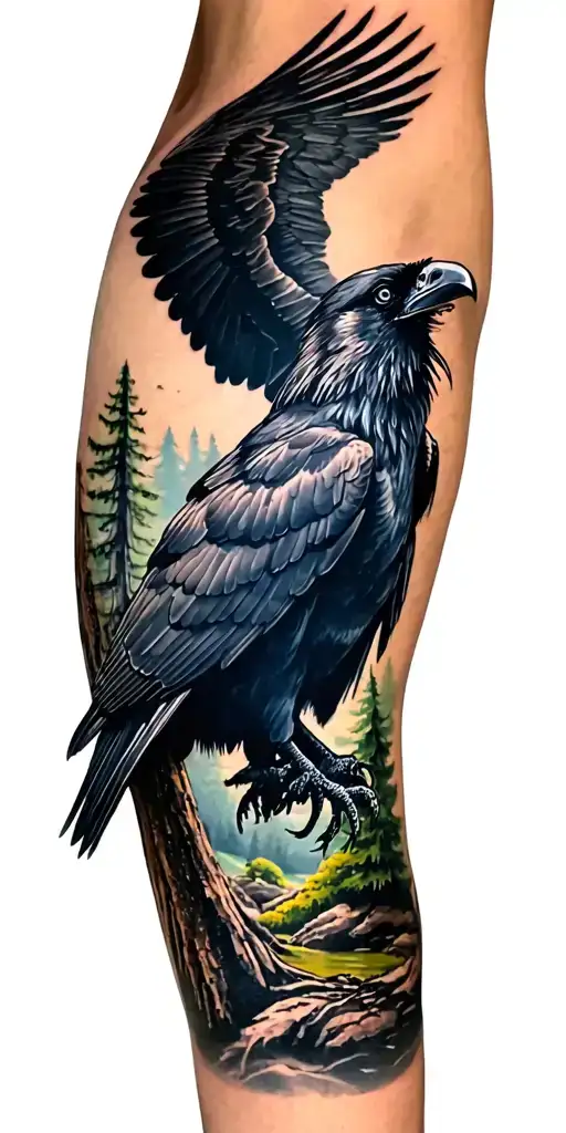 Forest Scene With A Giant Raven On Top
