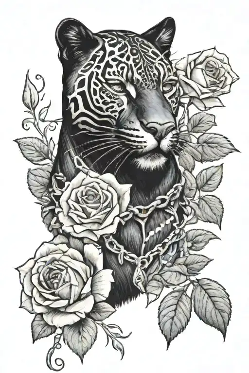 Black Panther With Roses Entwined