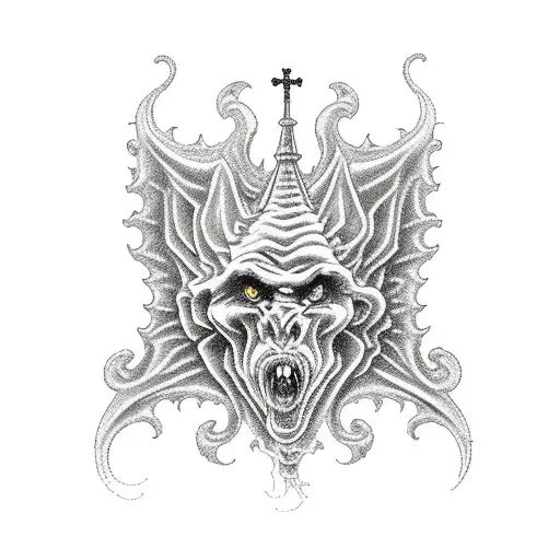 Large Gothic Cathedral With Cloud Pattern And Gargoyles