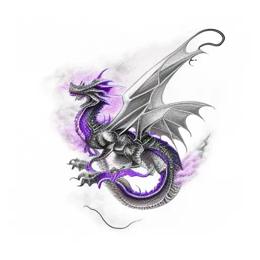 A Realistic Black And Purple Dragon Emerging From A Swirling Purple Mist