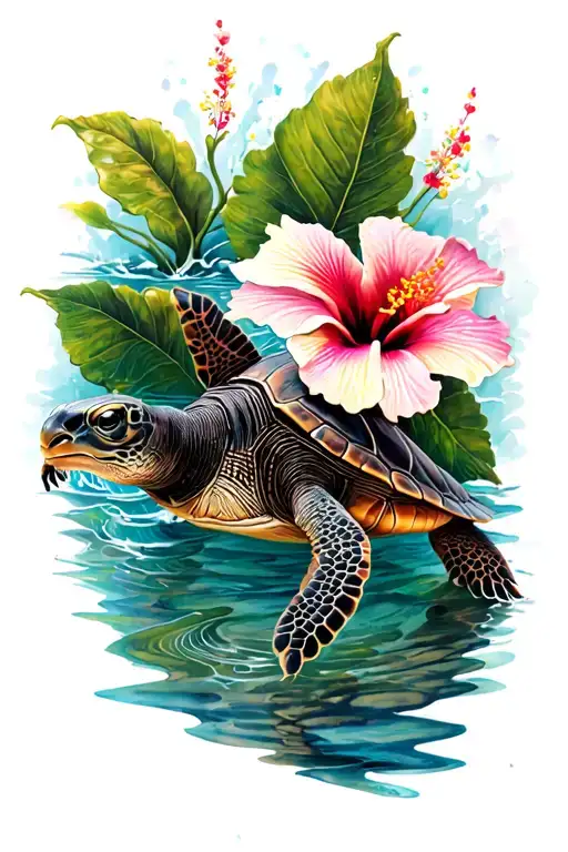 Turtle With Sea Hibiscus Flower