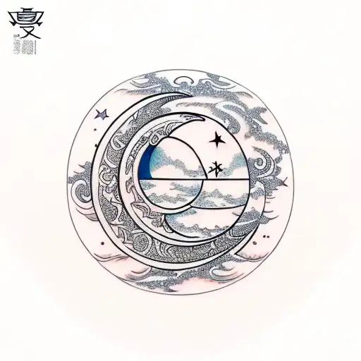 Moon And Star With Ying And Ang And Waves