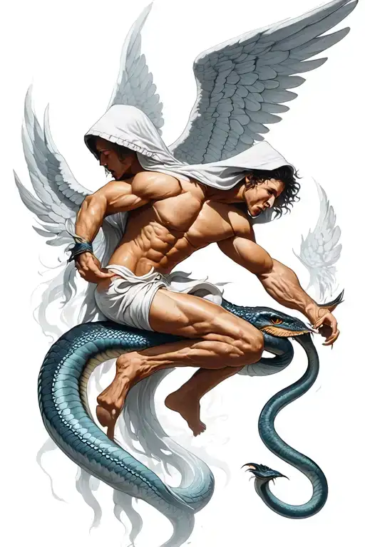 Hooded Muscular Arch Angel Defeating A Serpent