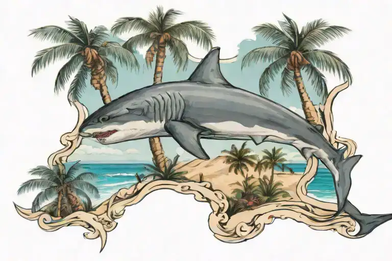 Beach Scene With Palm Trees And A Shark Jumping