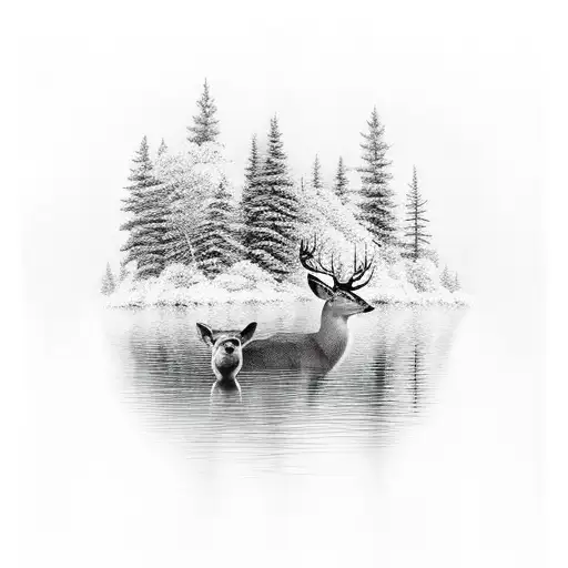A Lake With Thick Foresty And A Deer