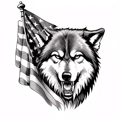 Black And White Angry Wolf And American Flag Waving