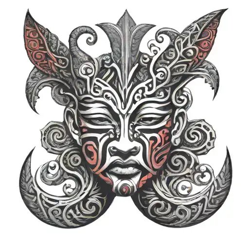 Maori Neck Red And Black Color Sketch