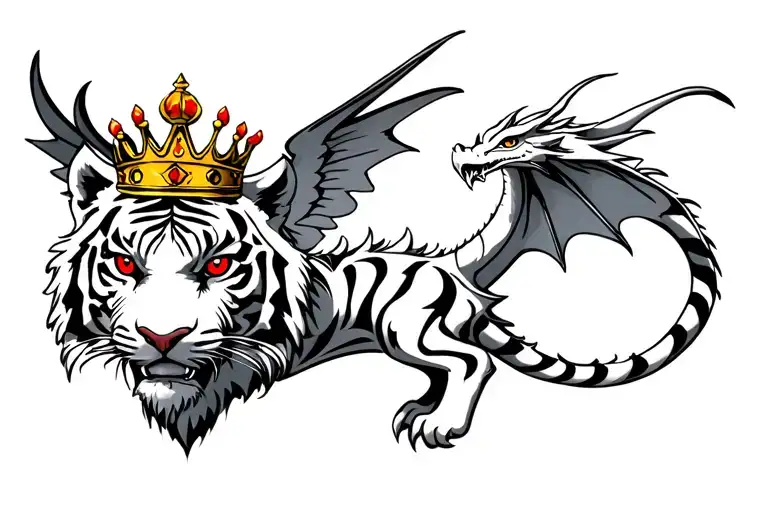 Tiger With Red Eyes White Dragon With Wings Wearing A Crown