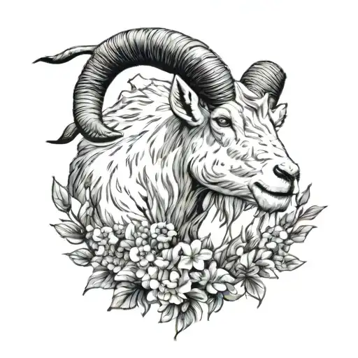 Mountain Goat With Wild Flowers Intertwined